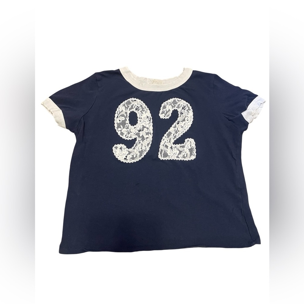 French Pastry Navy Blue Lace 92 Shirt with White Accents Size Large Juniors EUC